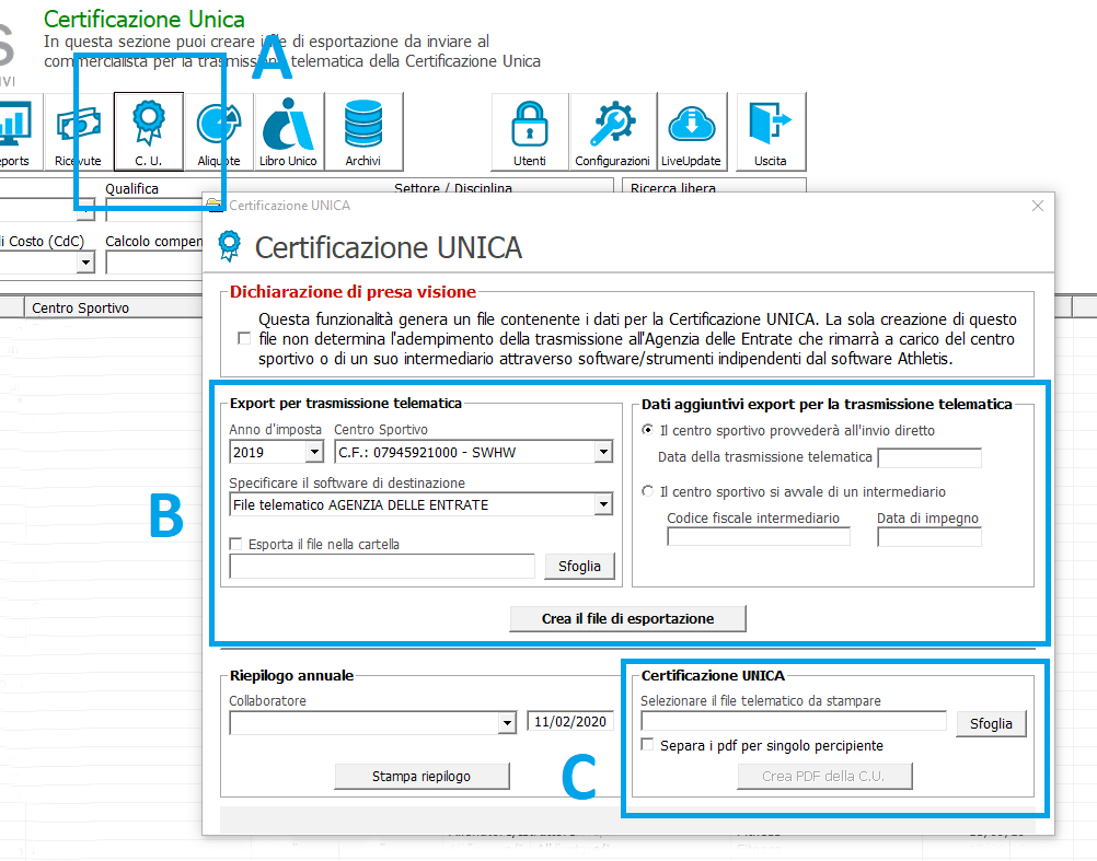 Funzione per export della Certificazione UNICA